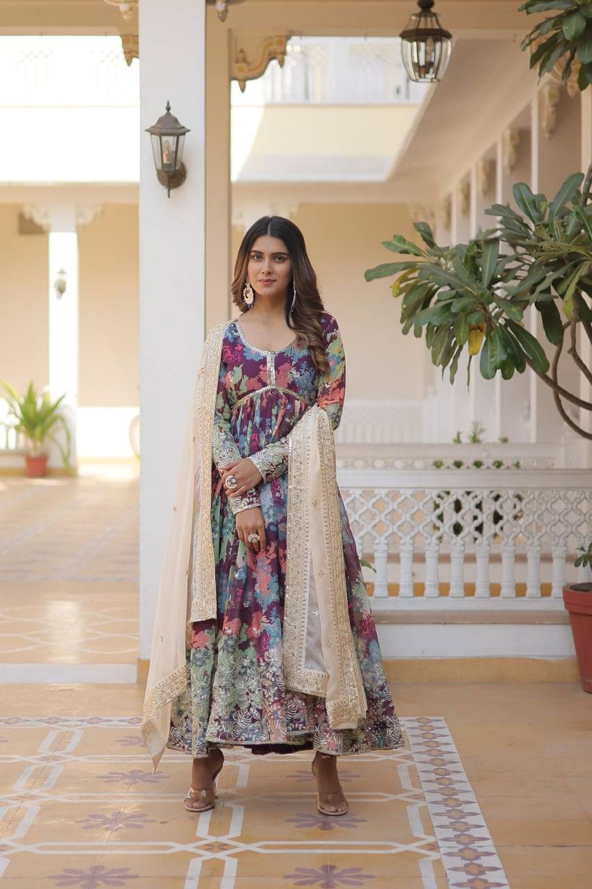 Ravishing Russian Silk Zari Sequins Worked Gown With Dupatta - INDIAN ELEGANCE