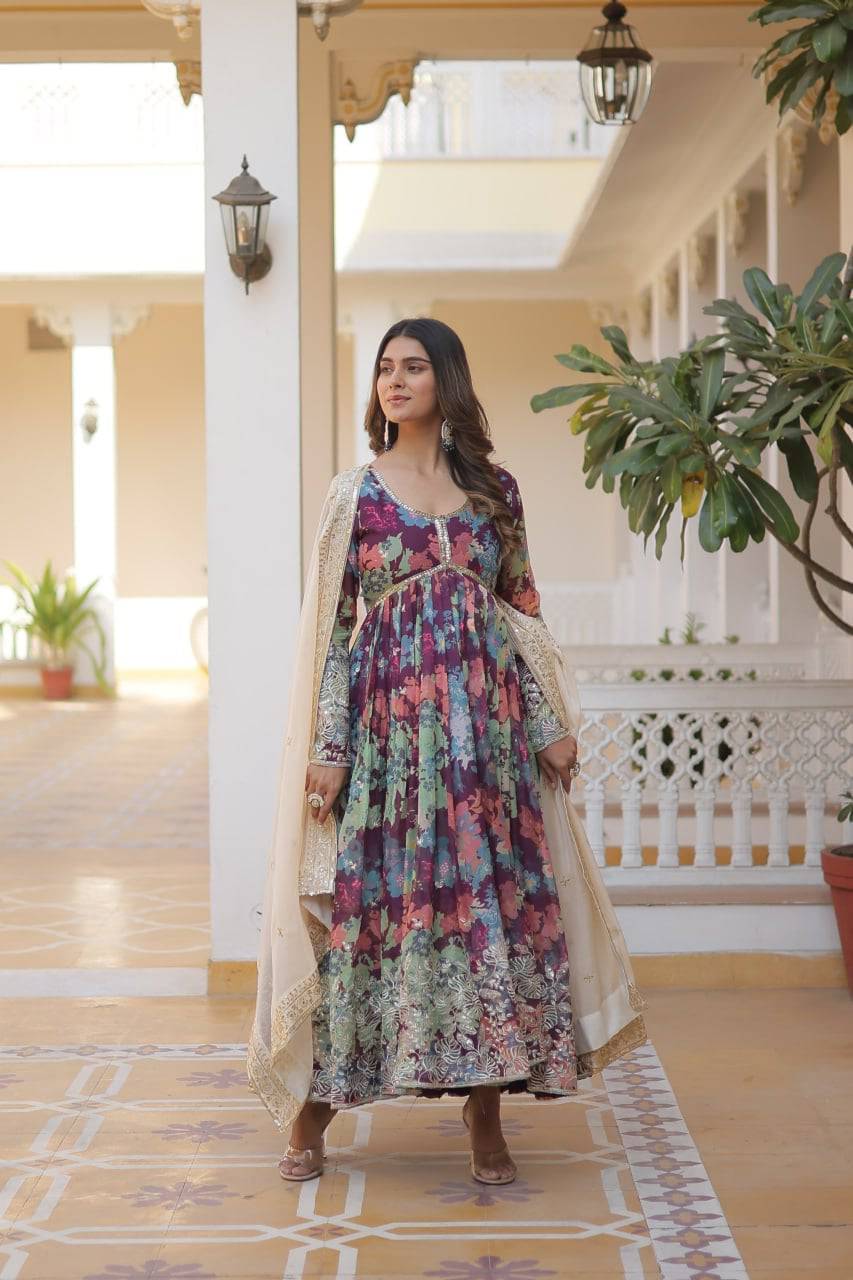 Ravishing Russian Silk Zari Sequins Worked Gown With Dupatta - INDIAN ELEGANCE