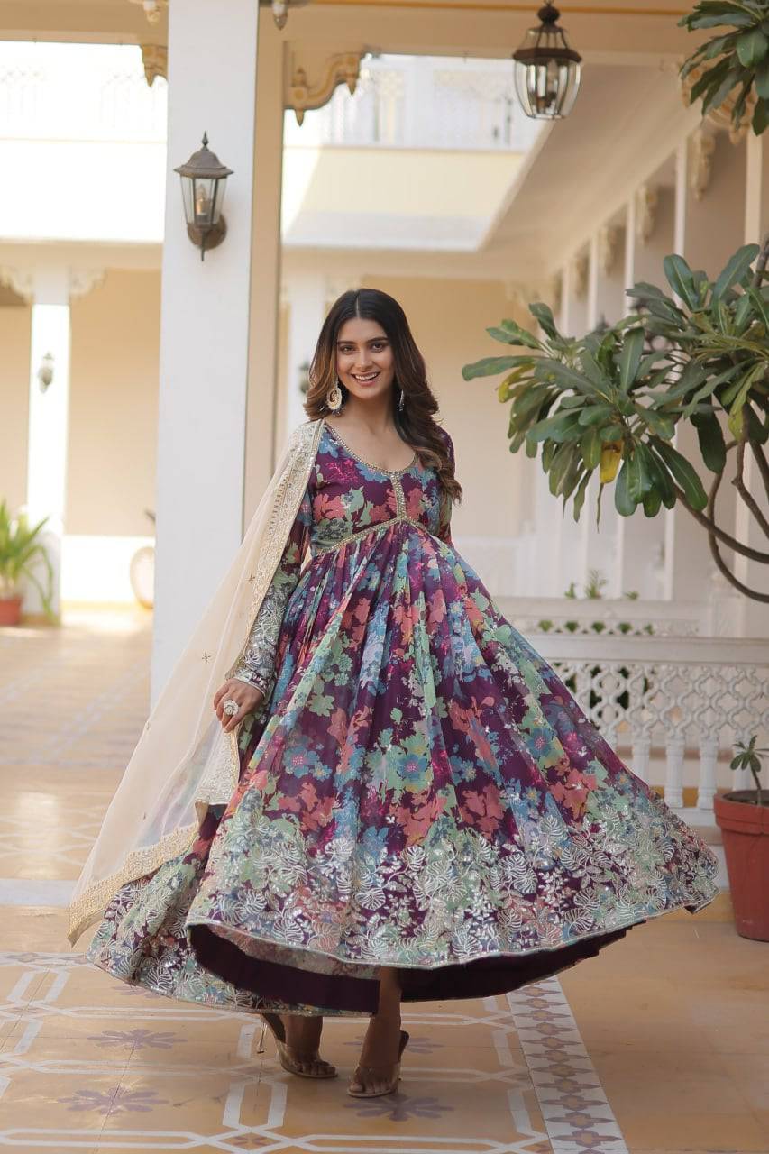 Ravishing Russian Silk Zari Sequins Worked Gown With Dupatta - INDIAN ELEGANCE