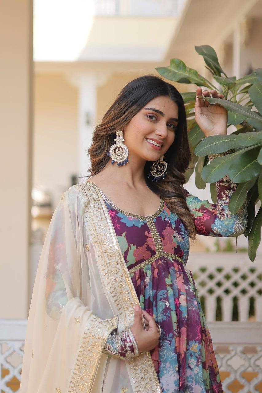 Ravishing Russian Silk Zari Sequins Worked Gown With Dupatta - INDIAN ELEGANCE