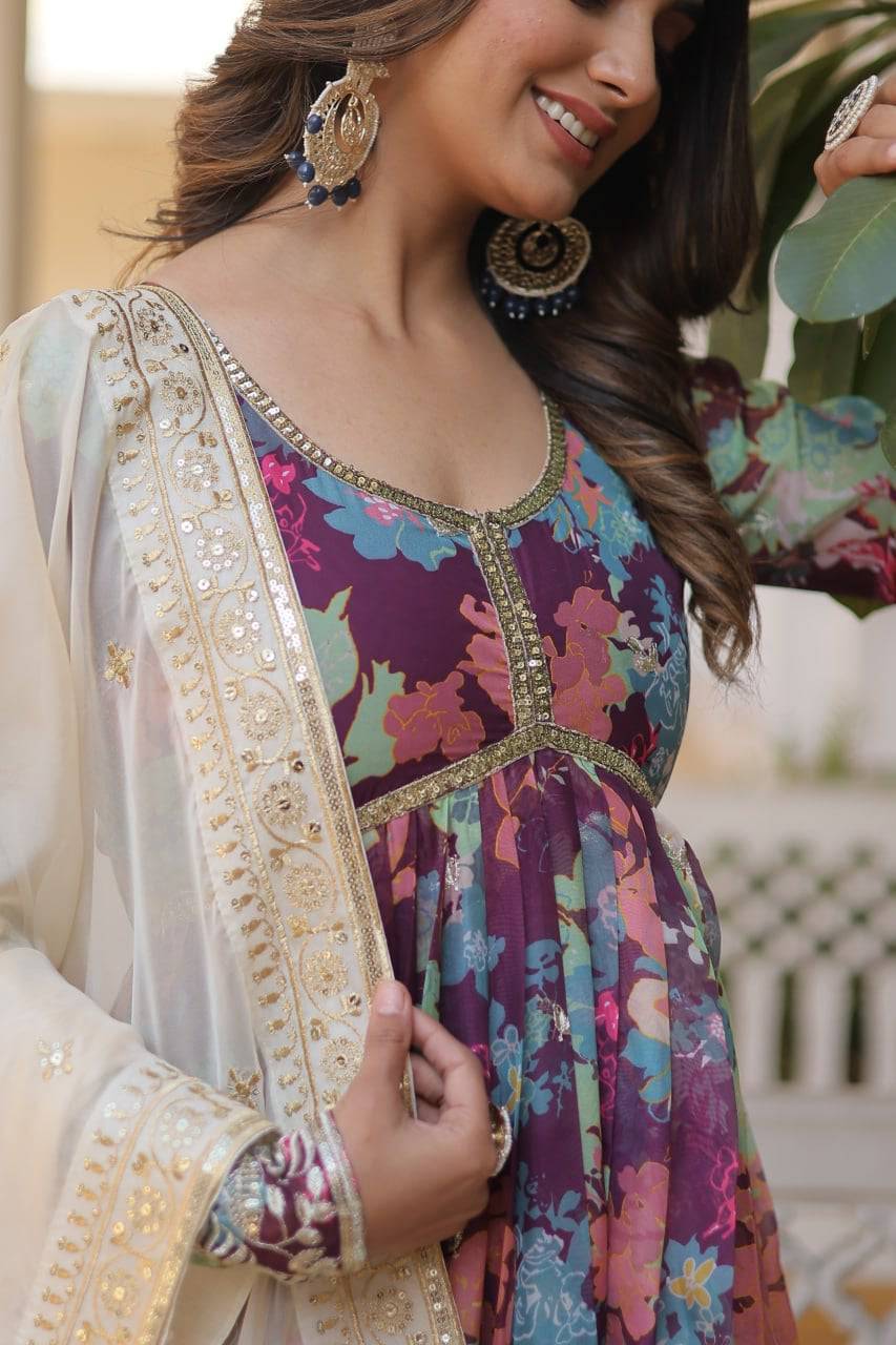 Ravishing Russian Silk Zari Sequins Worked Gown With Dupatta - INDIAN ELEGANCE