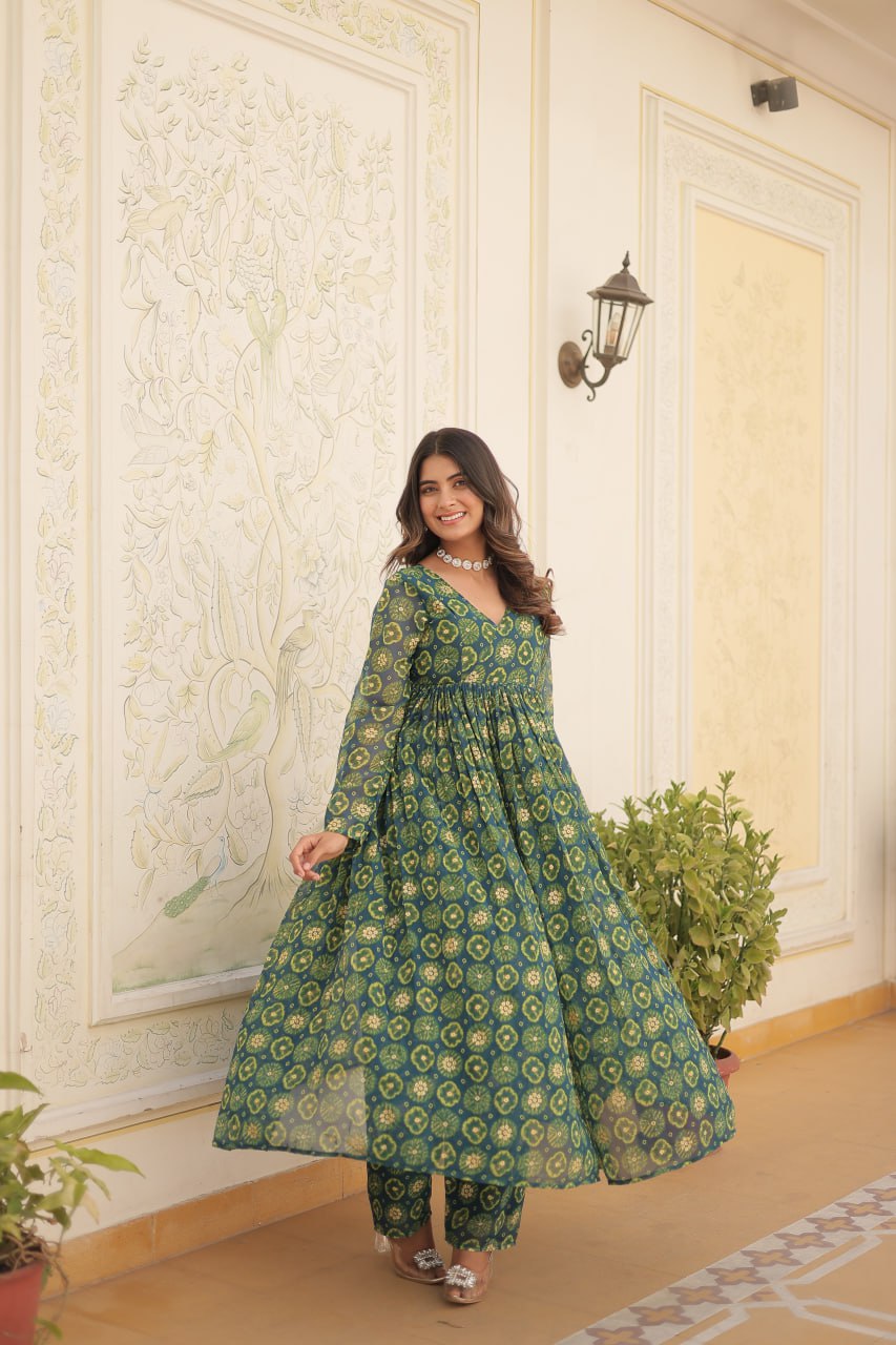 Dashing Faux Georgette Foil Printed Fully Stitched Top Pant Suit - INDIAN ELEGANCE