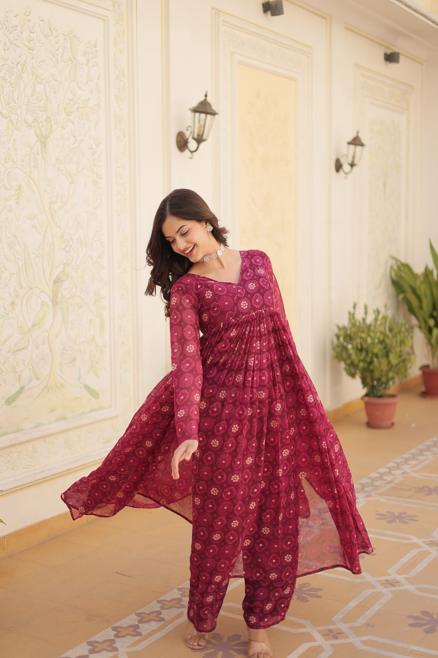 Dashing Faux Georgette Foil Printed Fully Stitched Top Pant Suit - INDIAN ELEGANCE