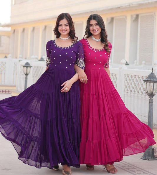 Beguiling Faux Georgette Zari Sequins Worked Designer Gown - INDIAN ELEGANCE