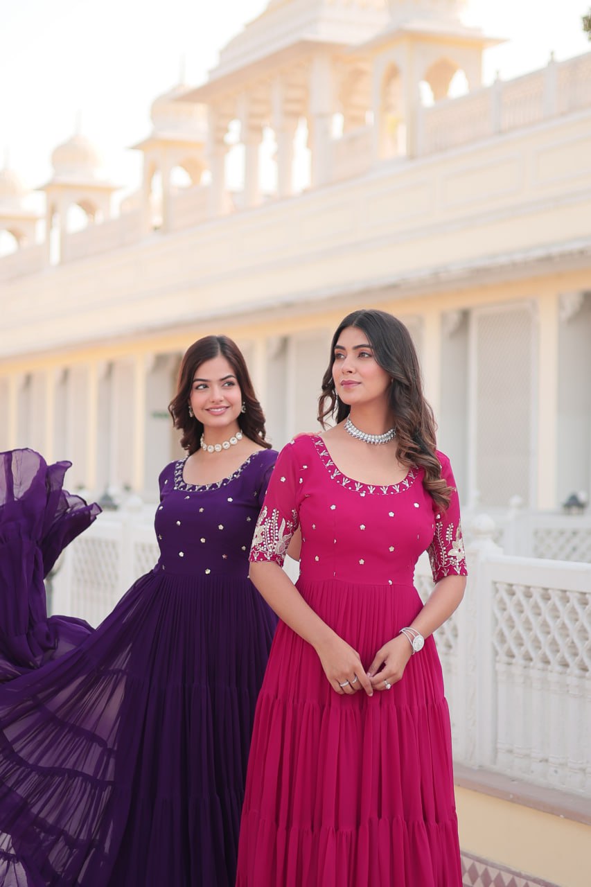 Beguiling Faux Georgette Zari Sequins Worked Designer Gown - INDIAN ELEGANCE