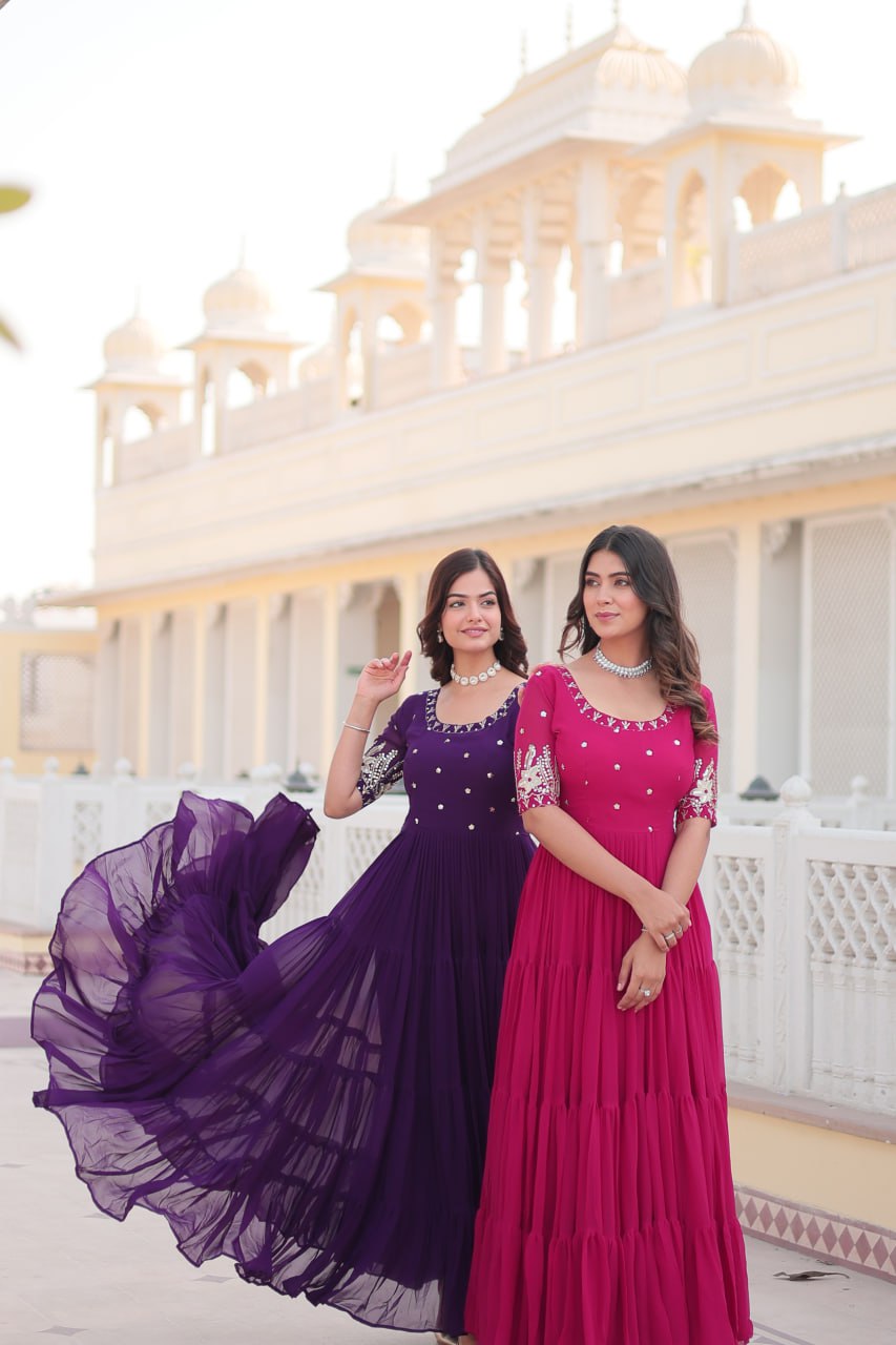 Beguiling Faux Georgette Zari Sequins Worked Designer Gown - INDIAN ELEGANCE