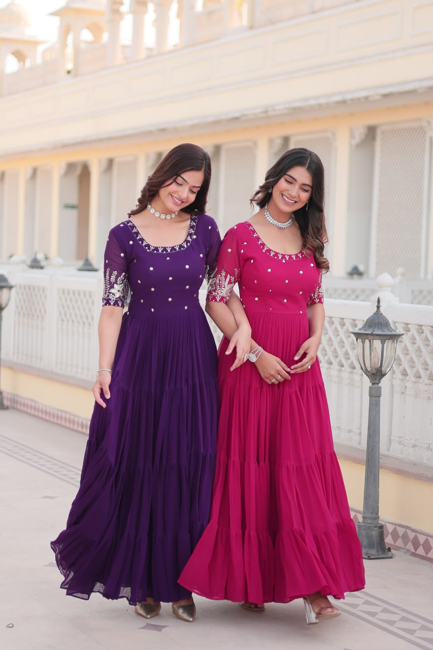Beguiling Faux Georgette Zari Sequins Worked Designer Gown - INDIAN ELEGANCE