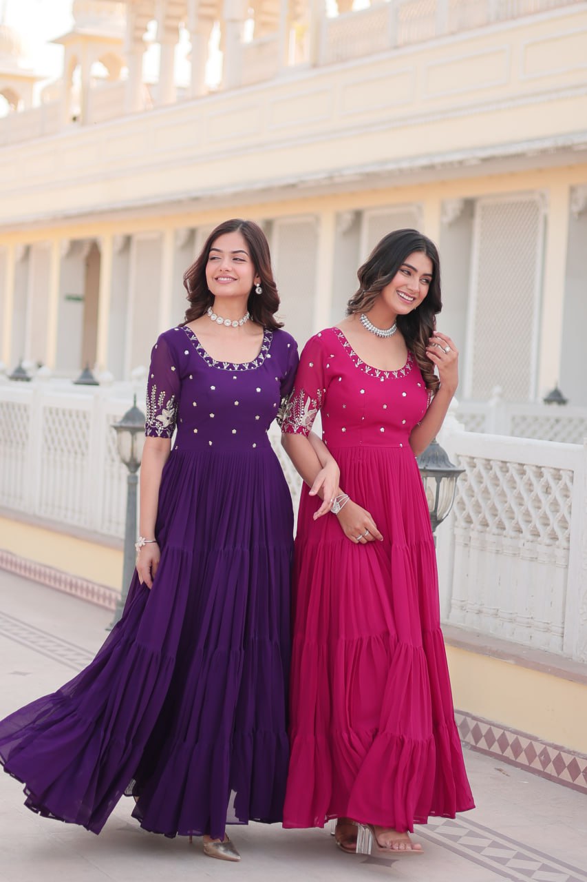 Beguiling Faux Georgette Zari Sequins Worked Designer Gown - INDIAN ELEGANCE