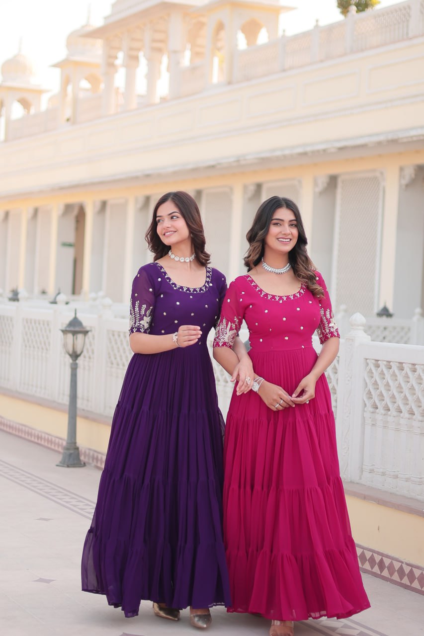 Beguiling Faux Georgette Zari Sequins Worked Designer Gown - INDIAN ELEGANCE