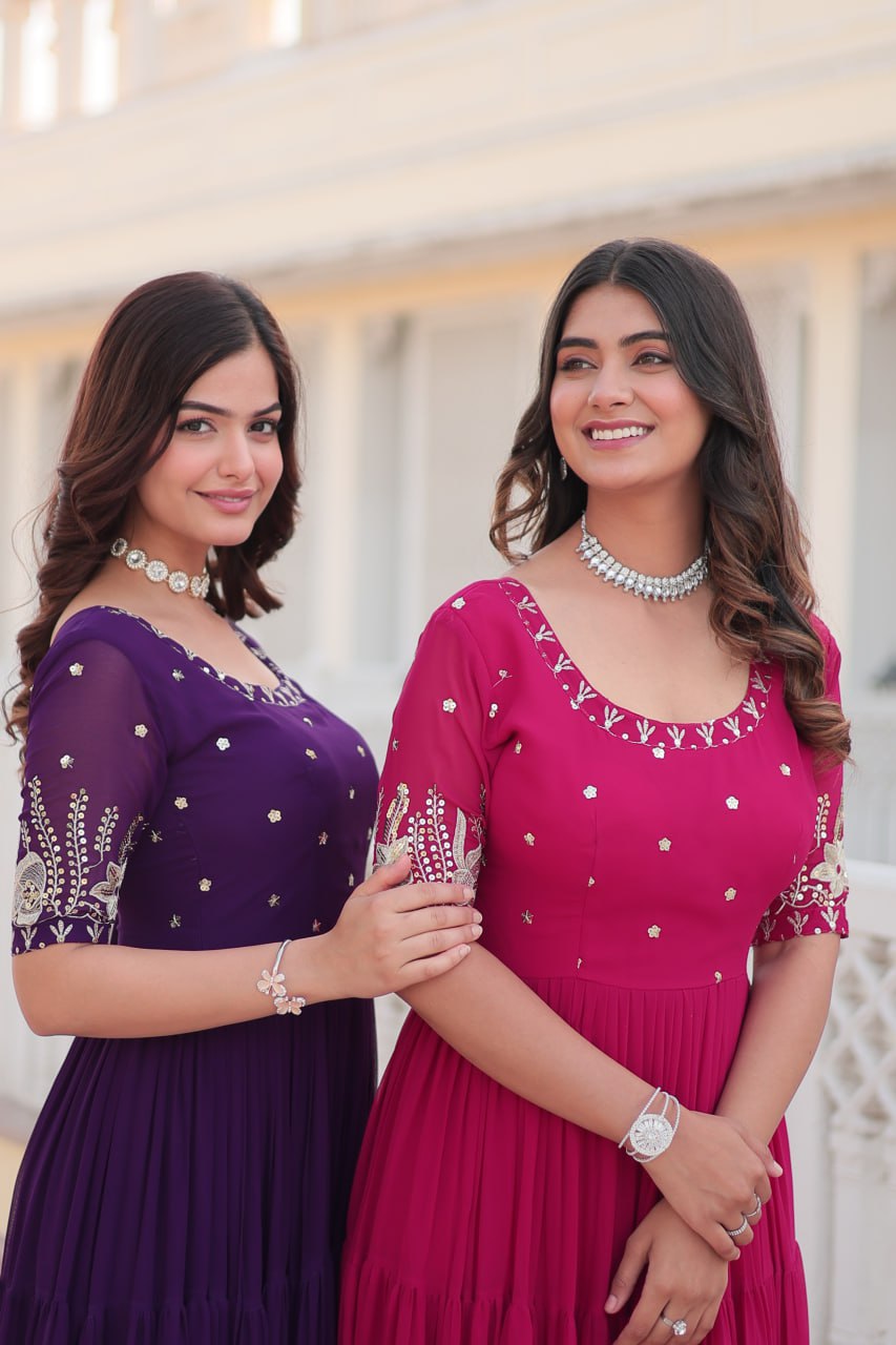Beguiling Faux Georgette Zari Sequins Worked Designer Gown - INDIAN ELEGANCE