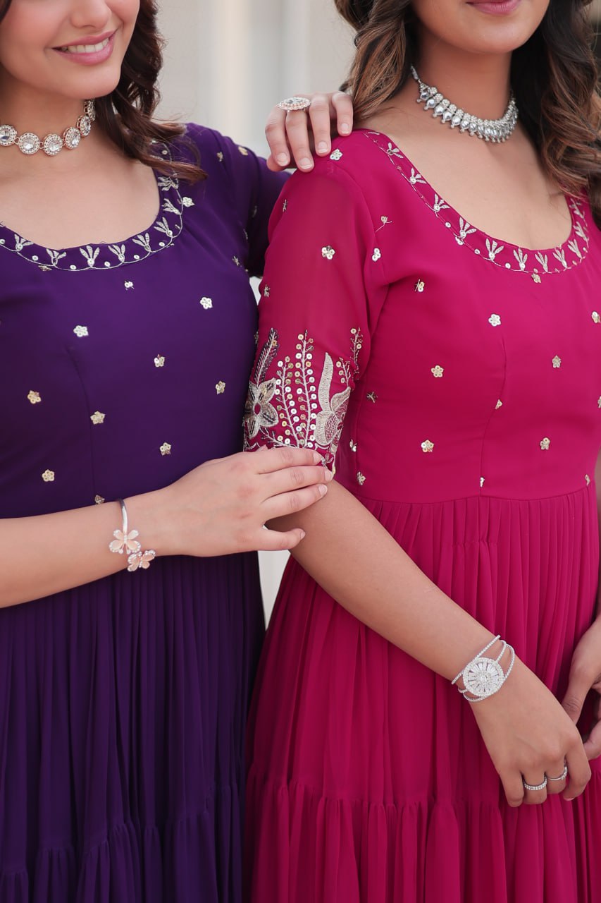 Beguiling Faux Georgette Zari Sequins Worked Designer Gown - INDIAN ELEGANCE