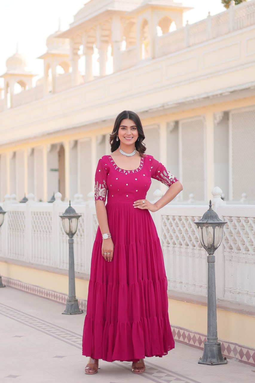 Beguiling Faux Georgette Zari Sequins Worked Designer Gown - INDIAN ELEGANCE