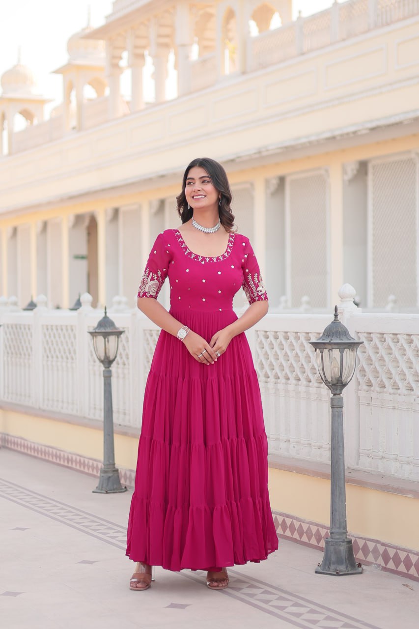 Beguiling Faux Georgette Zari Sequins Worked Designer Gown - INDIAN ELEGANCE