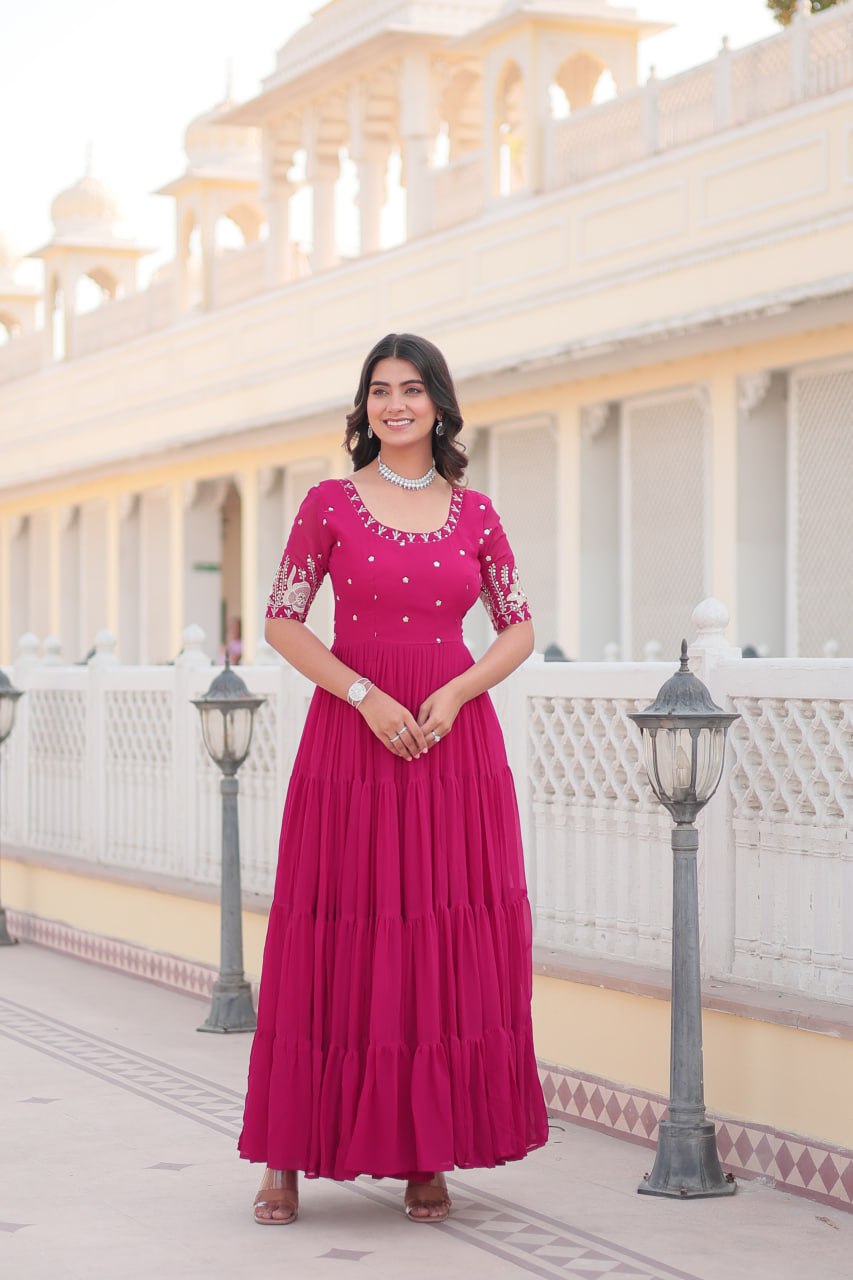 Beguiling Faux Georgette Zari Sequins Worked Designer Gown - INDIAN ELEGANCE