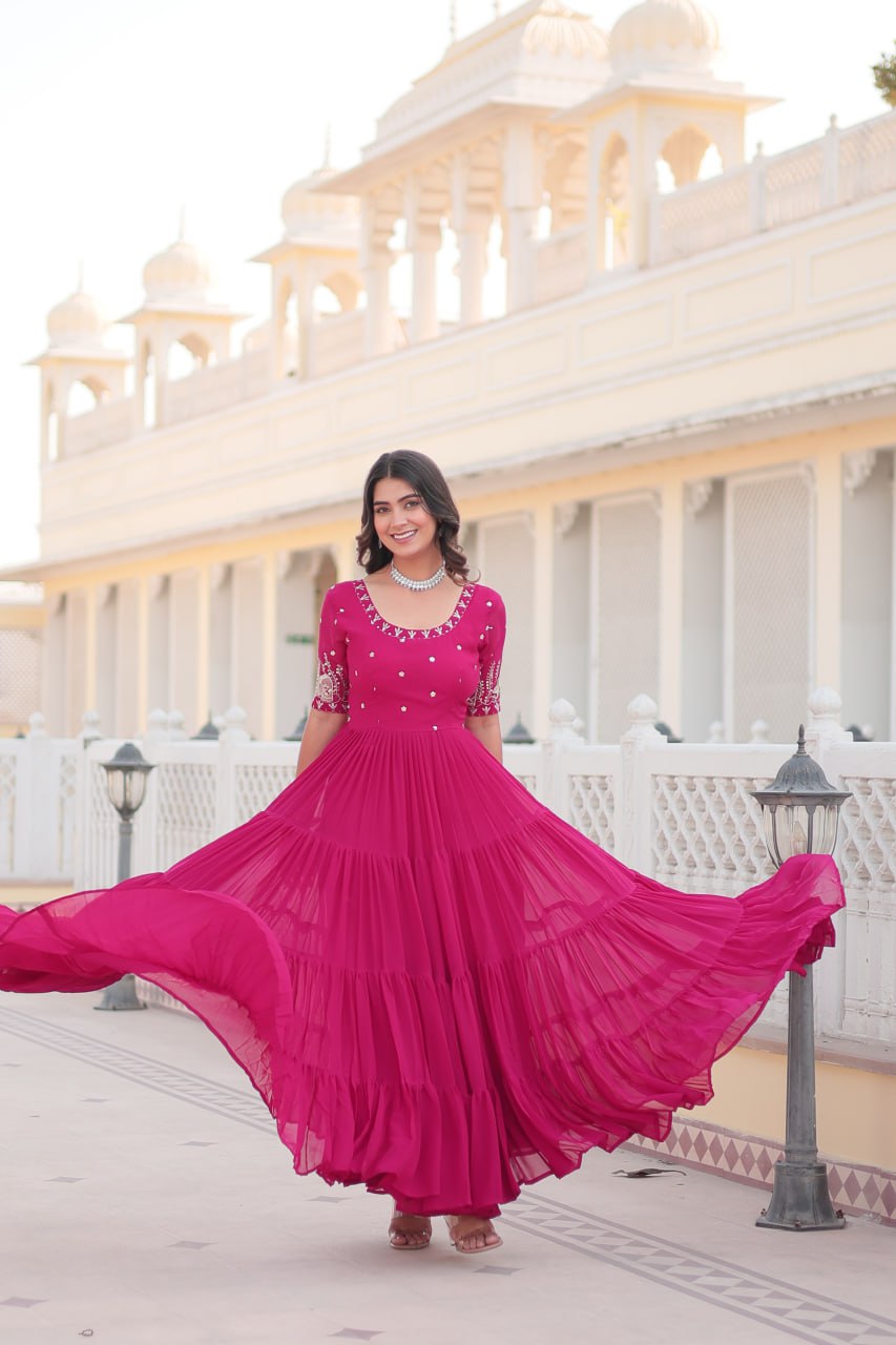 Beguiling Faux Georgette Zari Sequins Worked Designer Gown - INDIAN ELEGANCE
