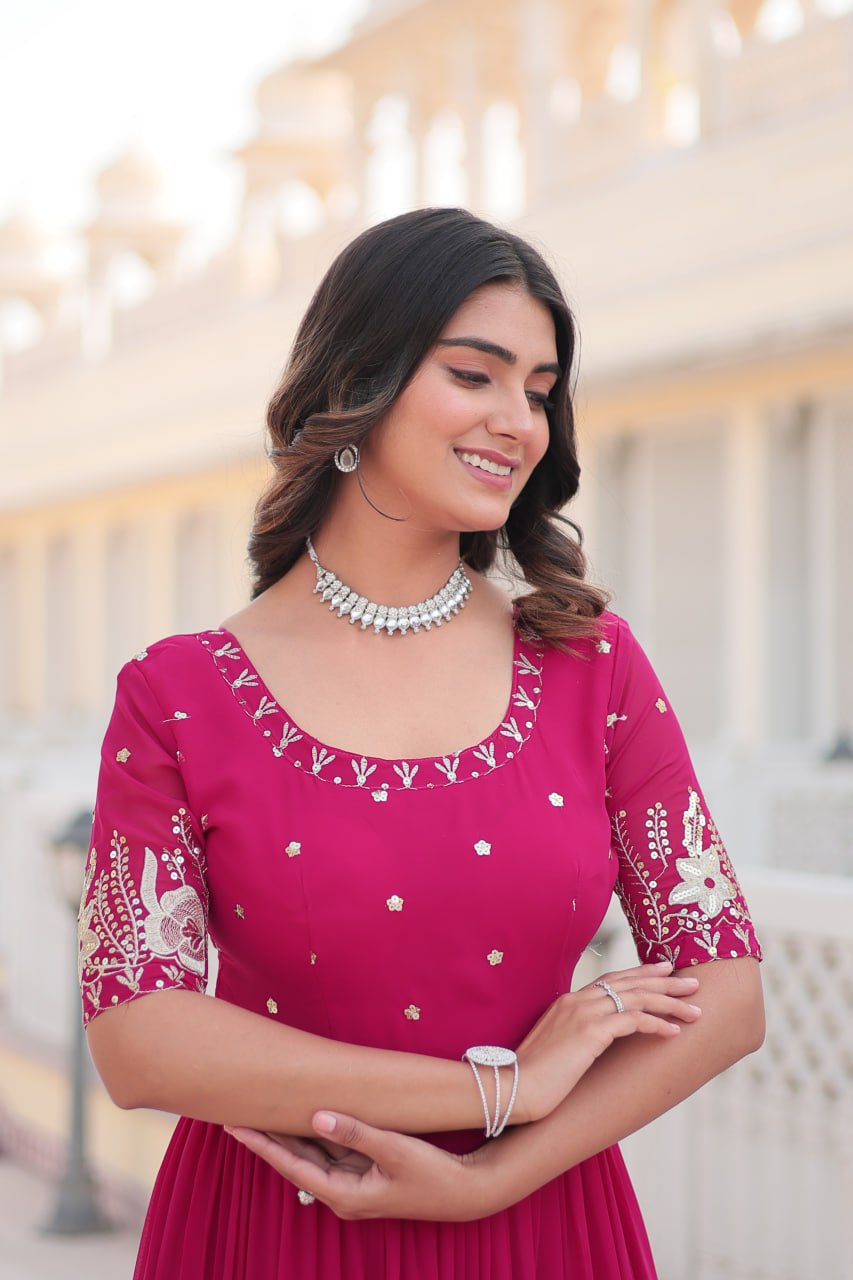 Beguiling Faux Georgette Zari Sequins Worked Designer Gown - INDIAN ELEGANCE