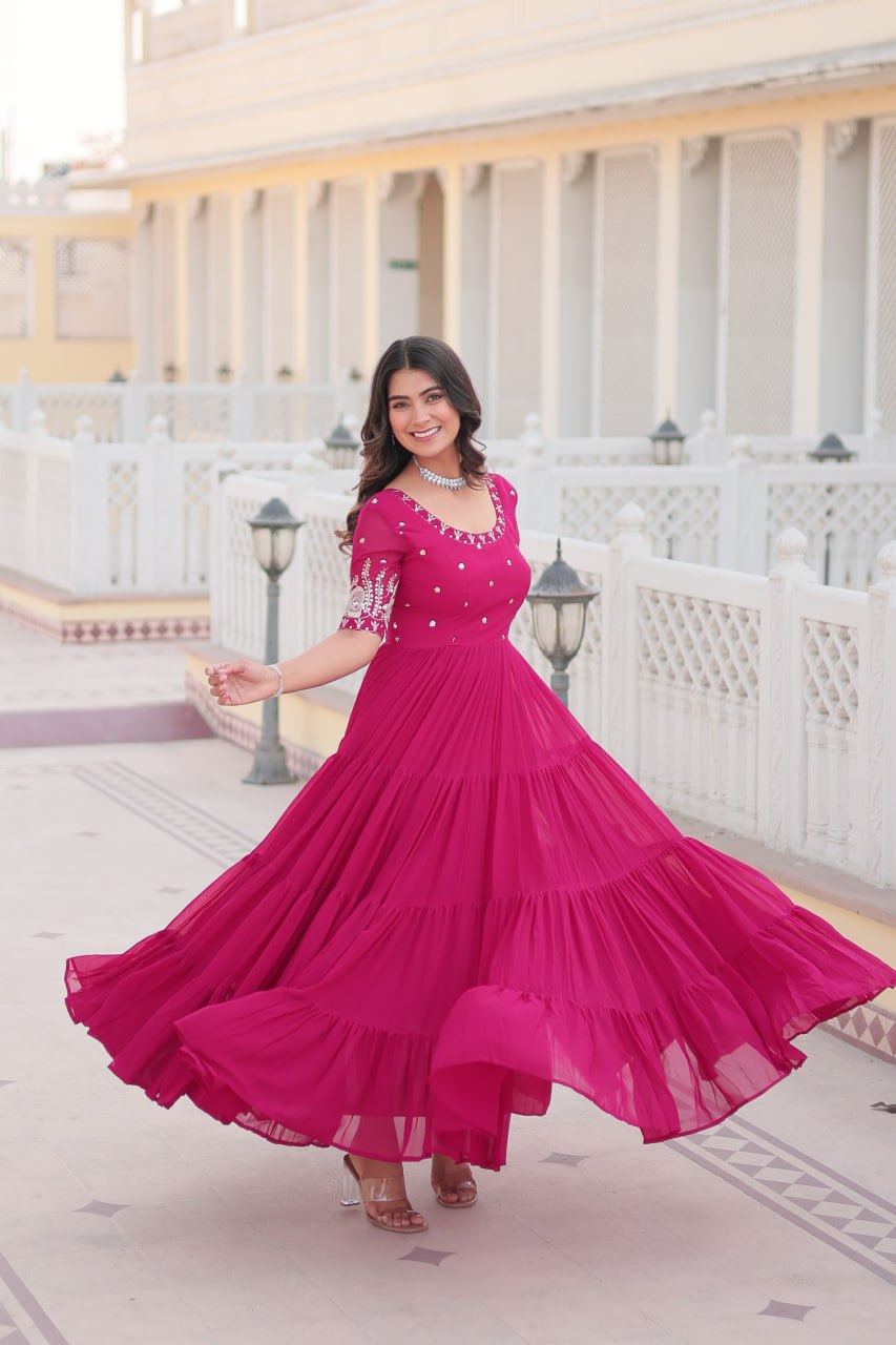 Beguiling Faux Georgette Zari Sequins Worked Designer Gown - INDIAN ELEGANCE