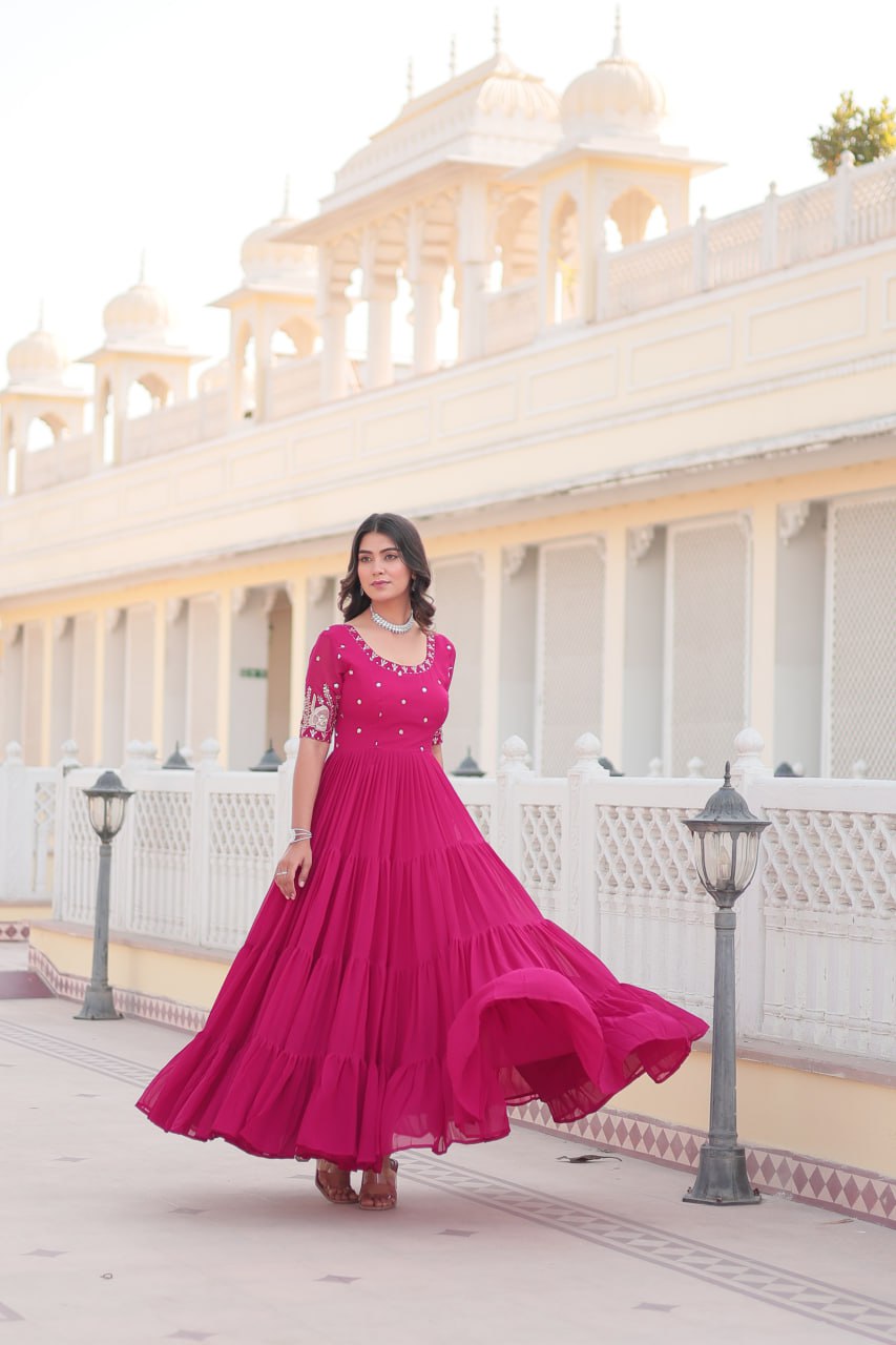Beguiling Faux Georgette Zari Sequins Worked Designer Gown - INDIAN ELEGANCE