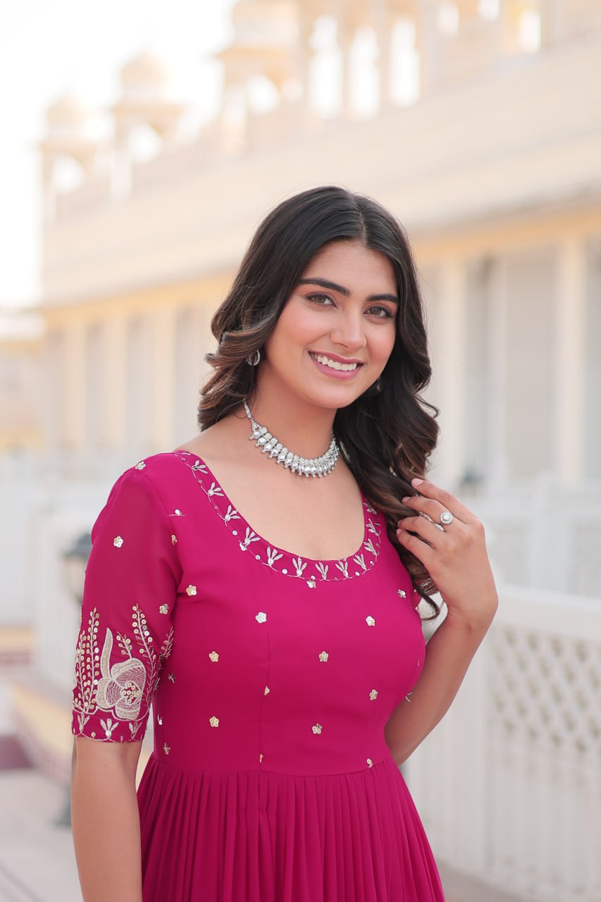 Beguiling Faux Georgette Zari Sequins Worked Designer Gown - INDIAN ELEGANCE