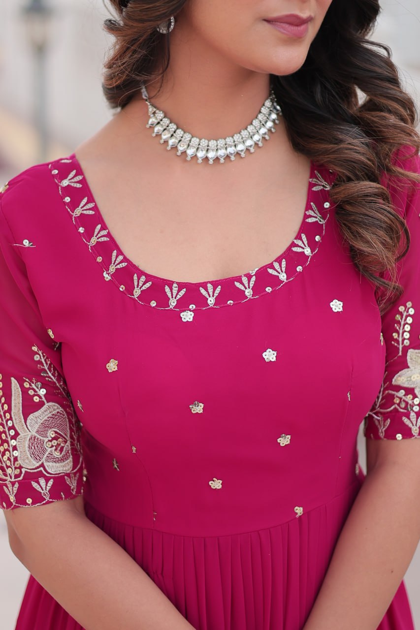 Beguiling Faux Georgette Zari Sequins Worked Designer Gown - INDIAN ELEGANCE