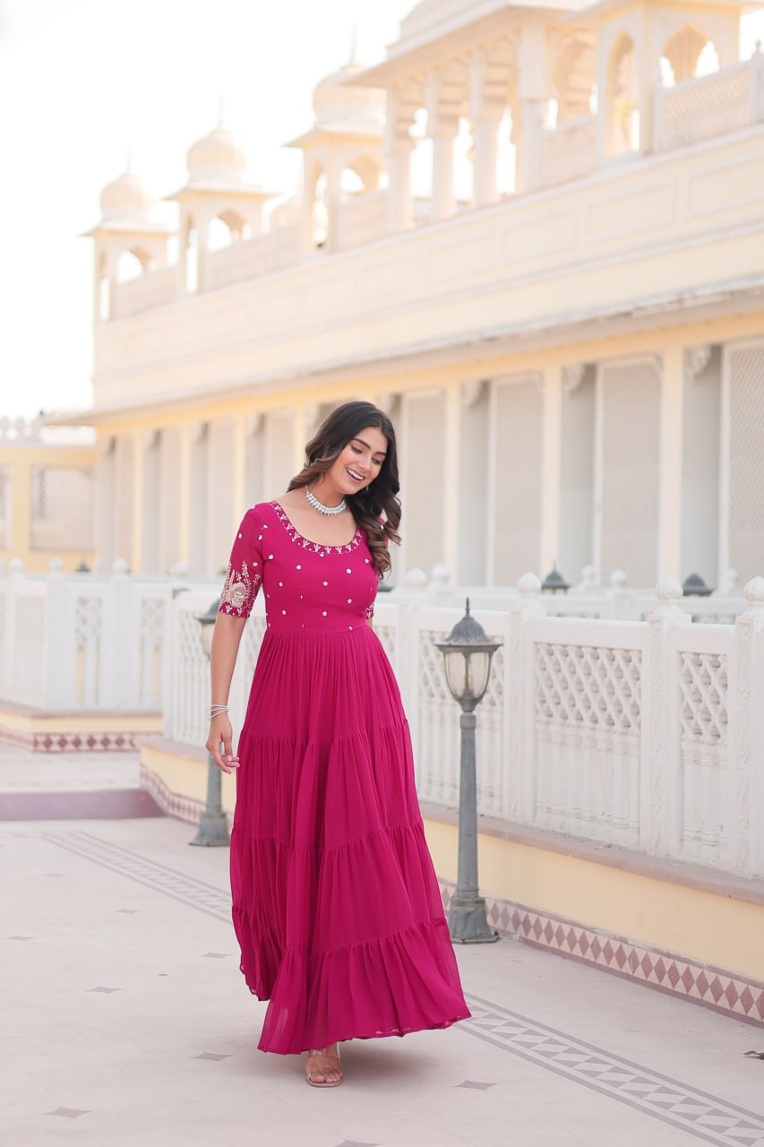 Beguiling Faux Georgette Zari Sequins Worked Designer Gown - INDIAN ELEGANCE