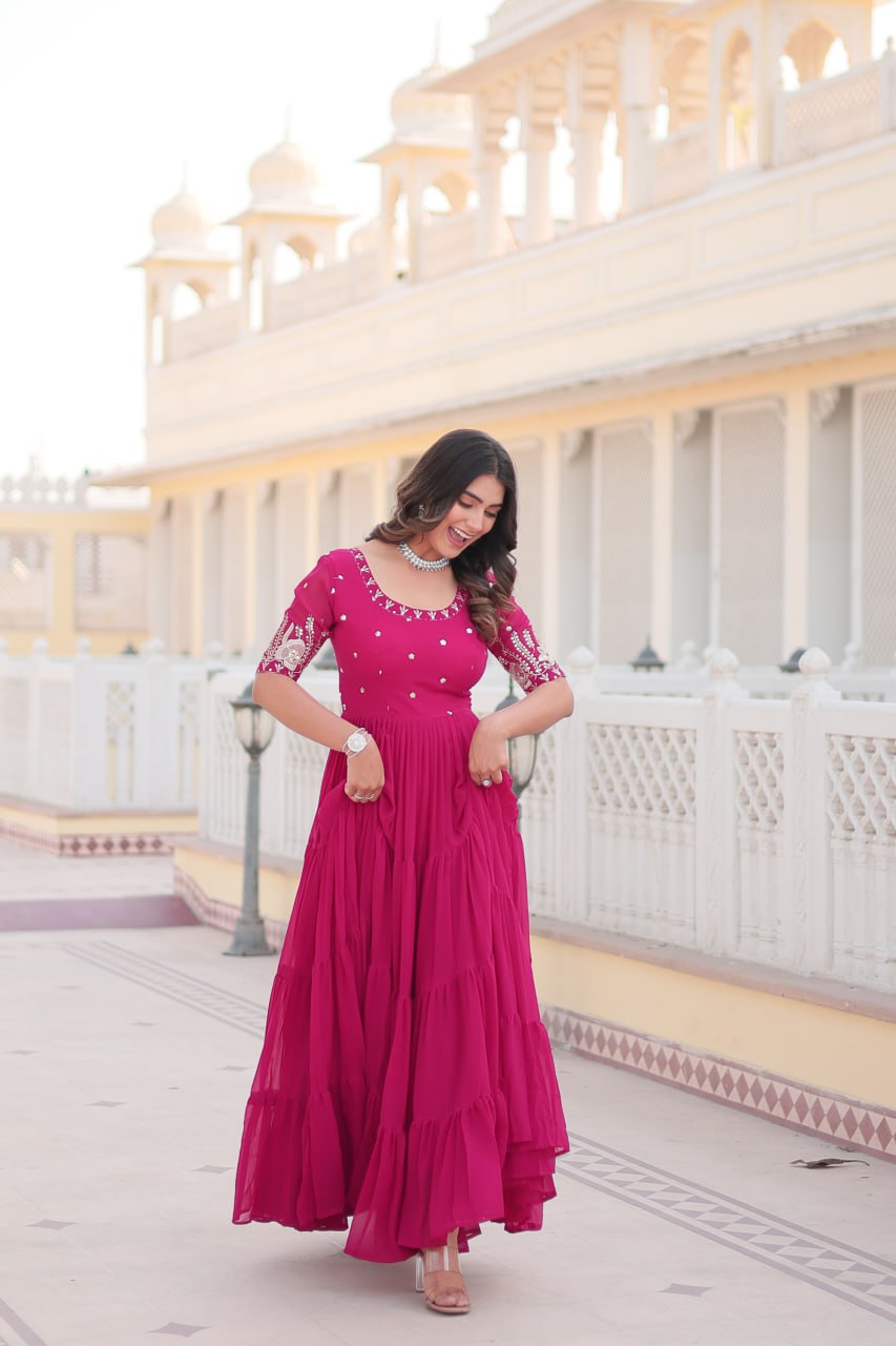Beguiling Faux Georgette Zari Sequins Worked Designer Gown - INDIAN ELEGANCE