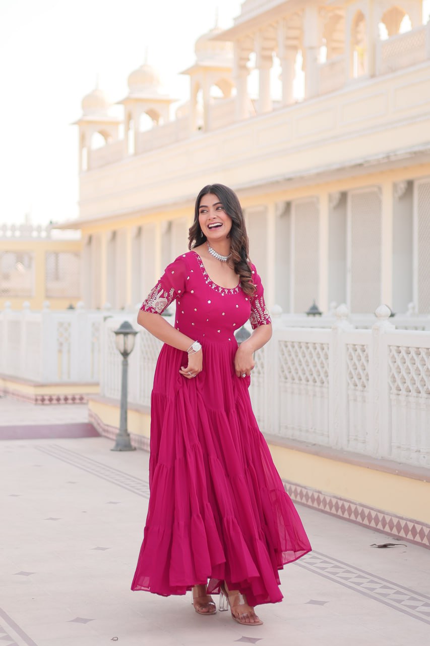 Beguiling Faux Georgette Zari Sequins Worked Designer Gown - INDIAN ELEGANCE