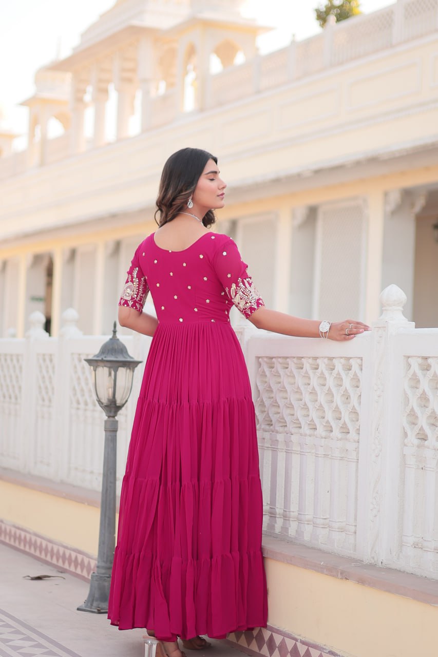 Beguiling Faux Georgette Zari Sequins Worked Designer Gown - INDIAN ELEGANCE