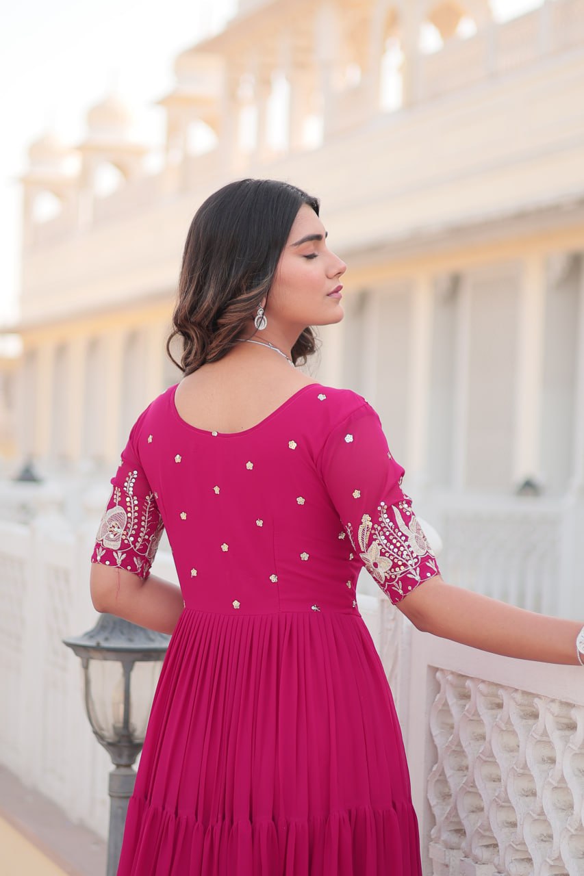Beguiling Faux Georgette Zari Sequins Worked Designer Gown - INDIAN ELEGANCE