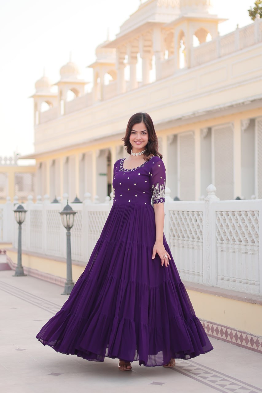 Beguiling Faux Georgette Zari Sequins Worked Designer Gown - INDIAN ELEGANCE