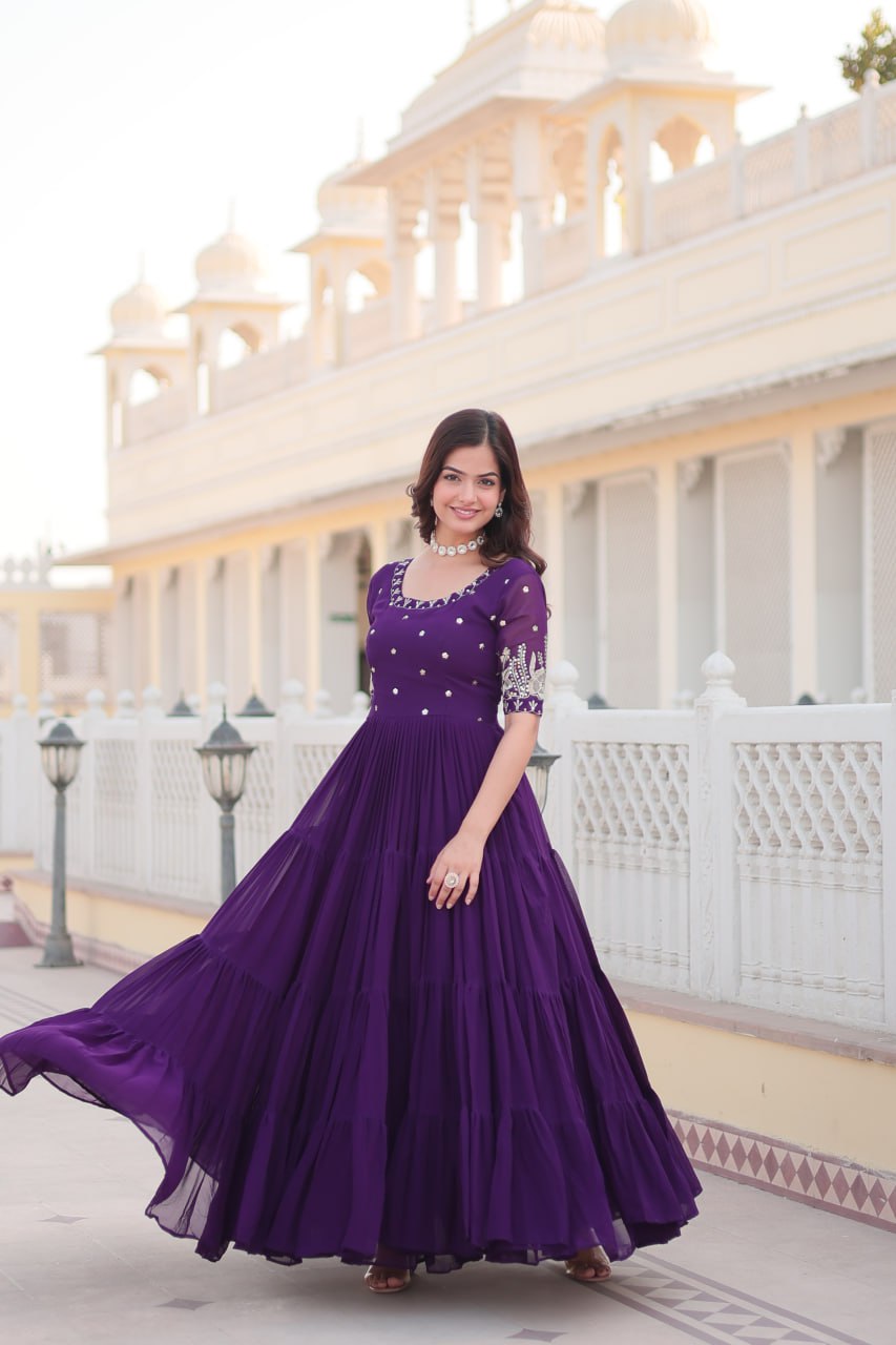Beguiling Faux Georgette Zari Sequins Worked Designer Gown - INDIAN ELEGANCE