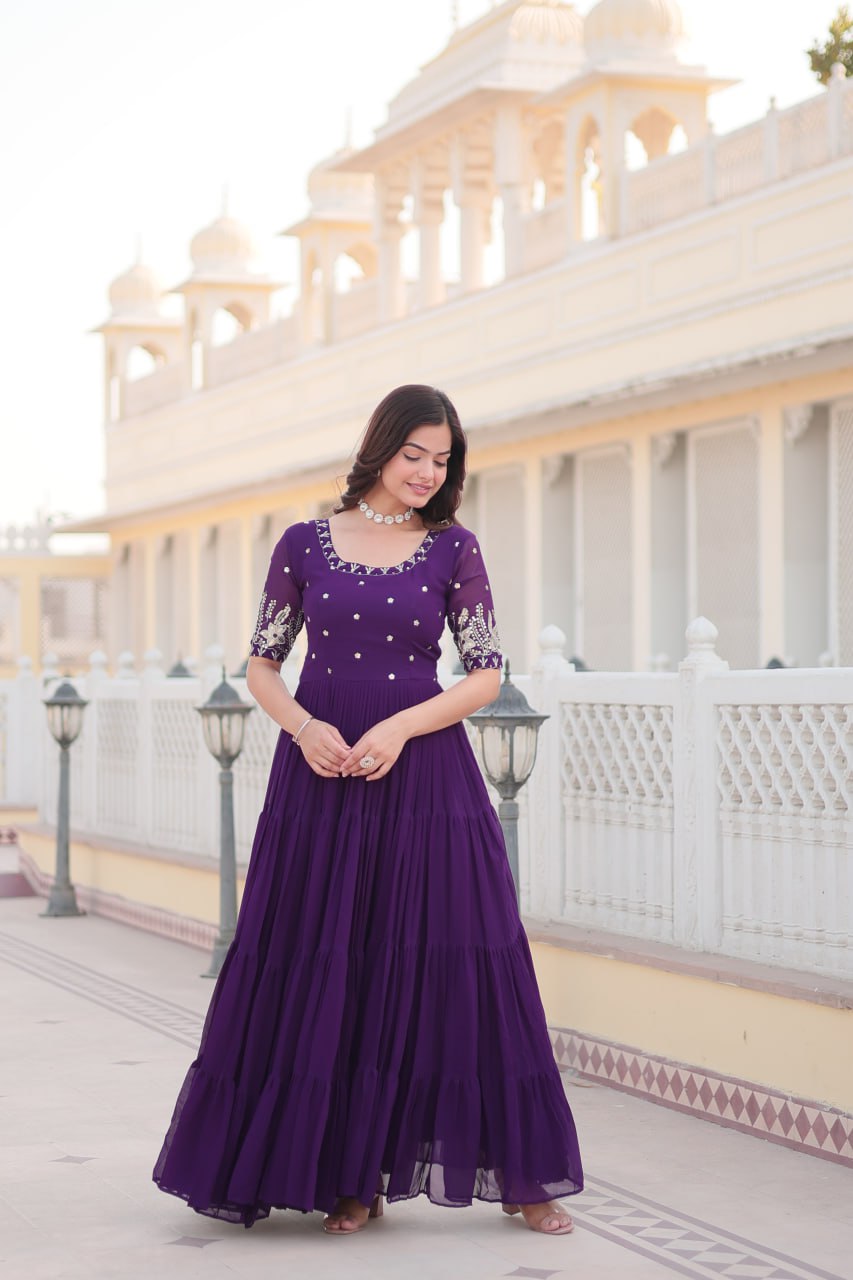 Beguiling Faux Georgette Zari Sequins Worked Designer Gown - INDIAN ELEGANCE