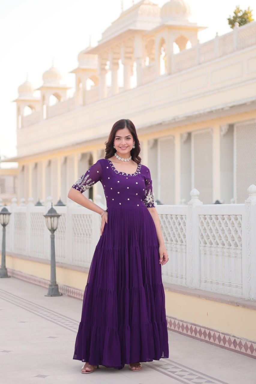 Beguiling Faux Georgette Zari Sequins Worked Designer Gown - INDIAN ELEGANCE