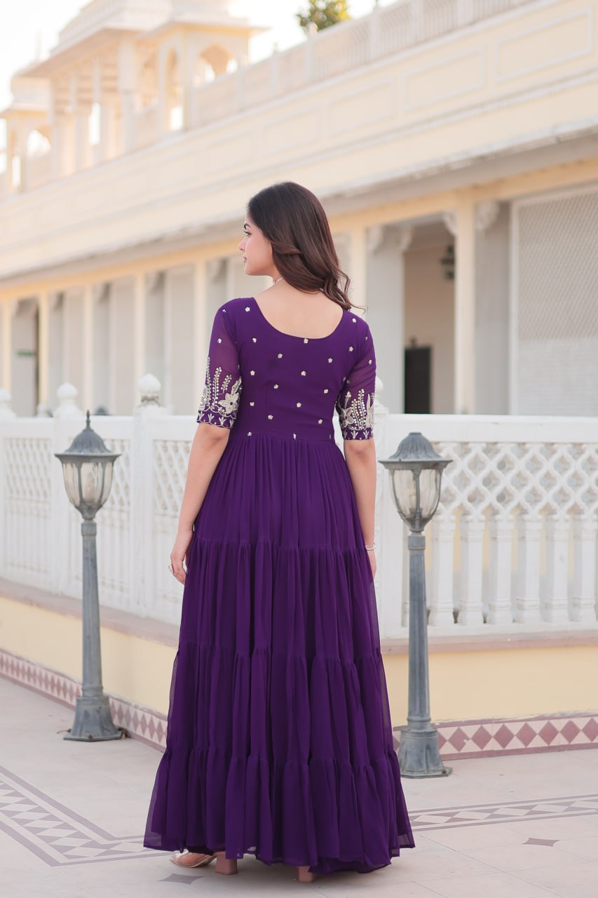 Beguiling Faux Georgette Zari Sequins Worked Designer Gown - INDIAN ELEGANCE