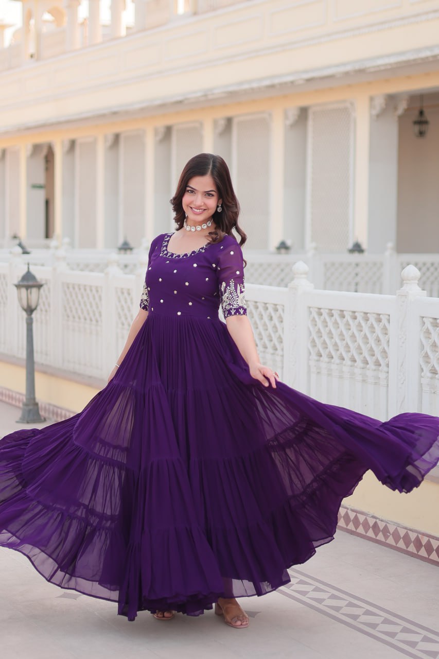 Beguiling Faux Georgette Zari Sequins Worked Designer Gown - INDIAN ELEGANCE