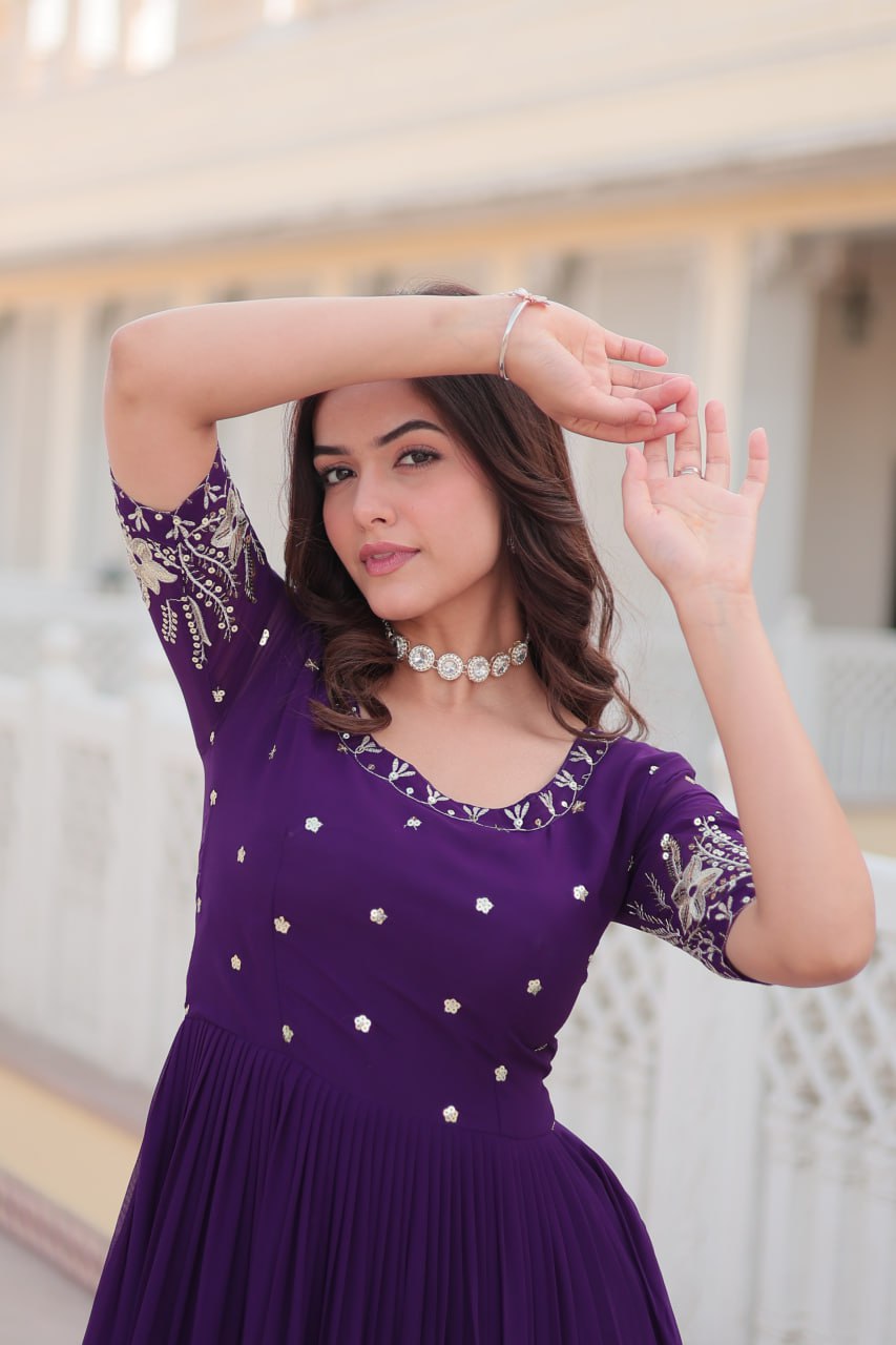 Beguiling Faux Georgette Zari Sequins Worked Designer Gown - INDIAN ELEGANCE