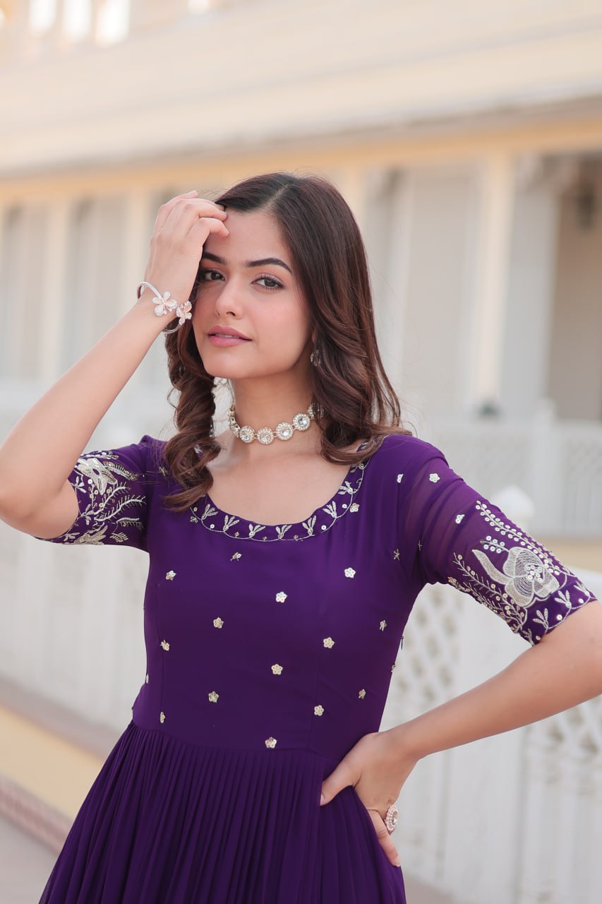 Beguiling Faux Georgette Zari Sequins Worked Designer Gown - INDIAN ELEGANCE
