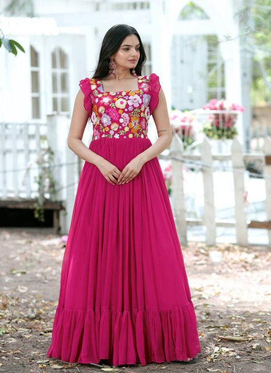 Gentle Faux Georgette Sequins Embroidered Fully Stitched Gown - INDIAN ELEGANCE