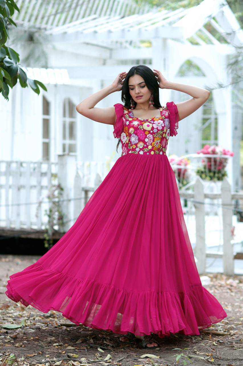Gentle Faux Georgette Sequins Embroidered Fully Stitched Gown - INDIAN ELEGANCE