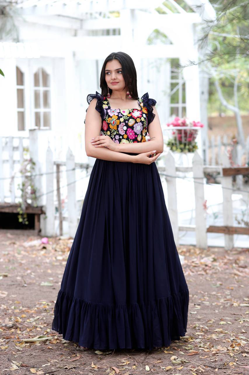 Gentle Faux Georgette Sequins Embroidered Fully Stitched Gown - INDIAN ELEGANCE