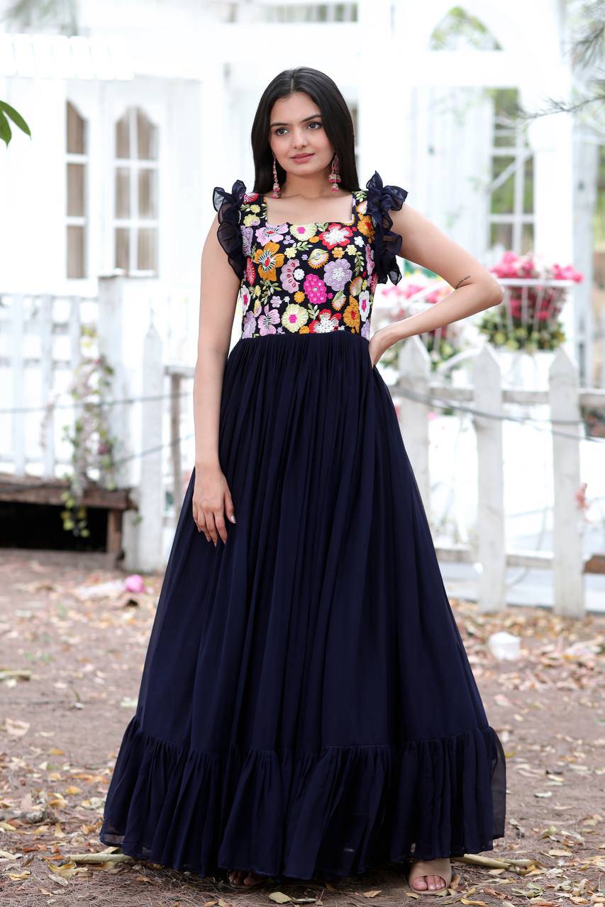 Gentle Faux Georgette Sequins Embroidered Fully Stitched Gown - INDIAN ELEGANCE
