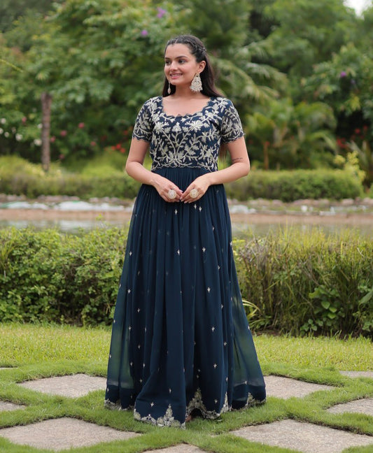 Breathtaking Rama Faux Georgette Cording Sequins Worked Gown - INDIAN ELEGANCE
