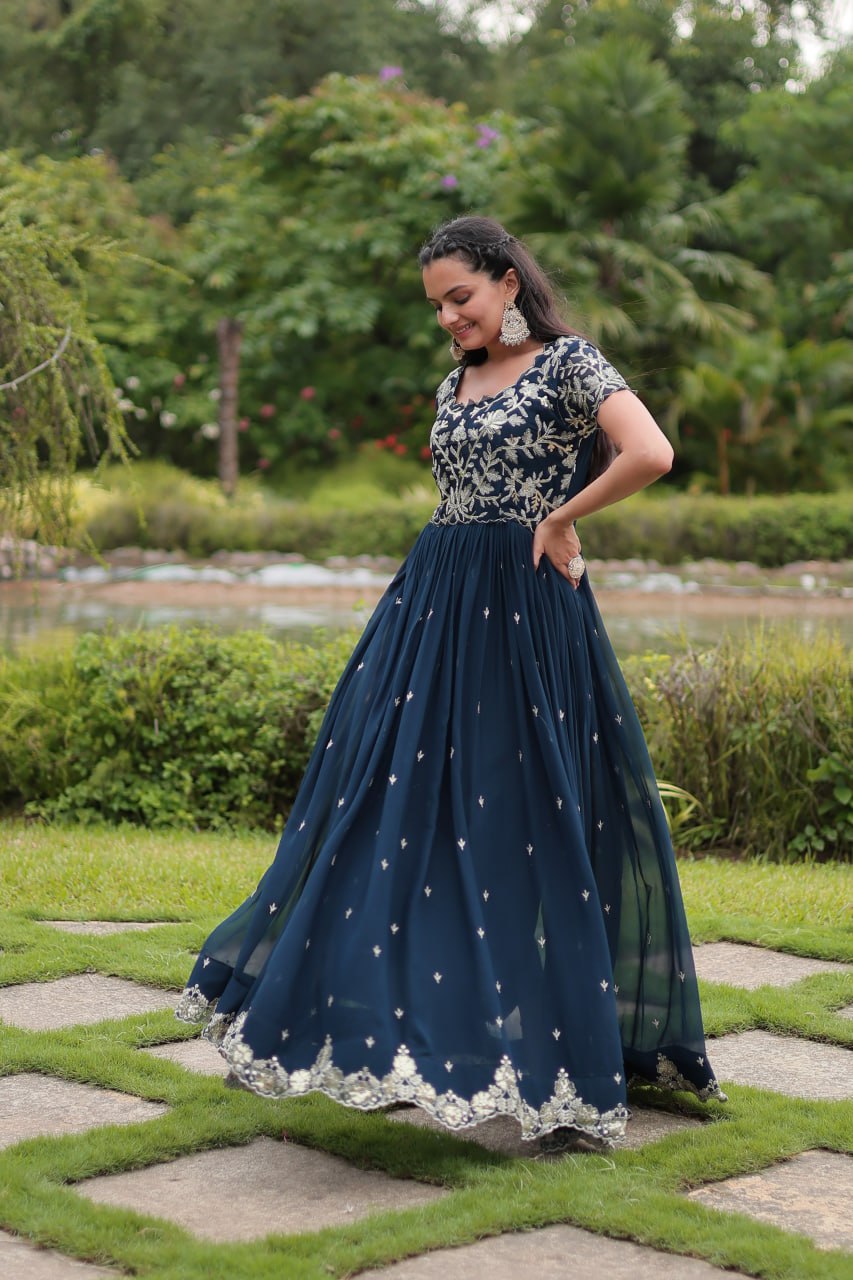 Breathtaking Rama Faux Georgette Cording Sequins Worked Gown - INDIAN ELEGANCE
