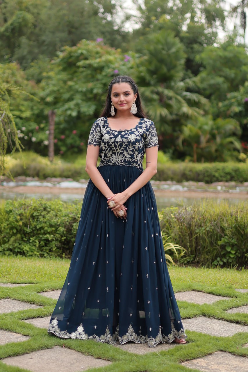 Breathtaking Rama Faux Georgette Cording Sequins Worked Gown - INDIAN ELEGANCE