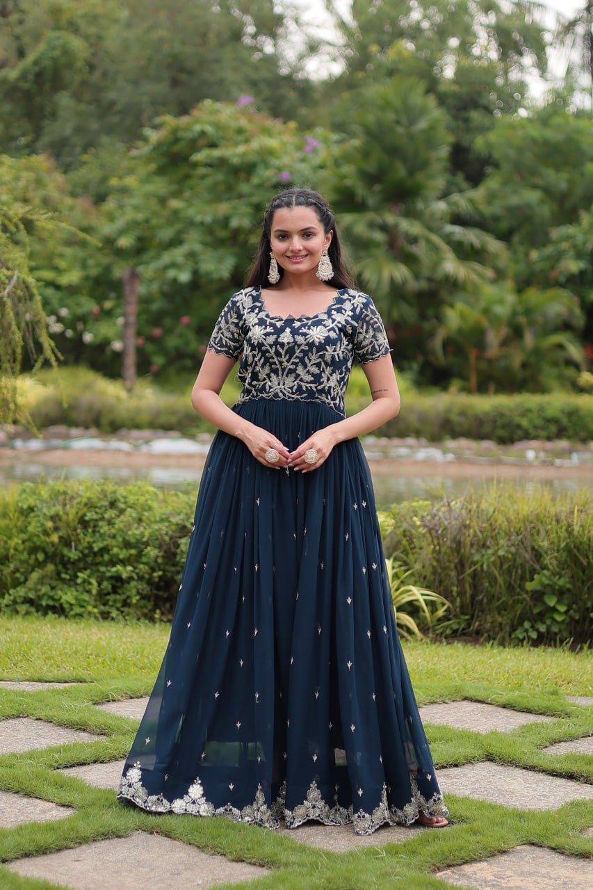 Breathtaking Rama Faux Georgette Cording Sequins Worked Gown - INDIAN ELEGANCE