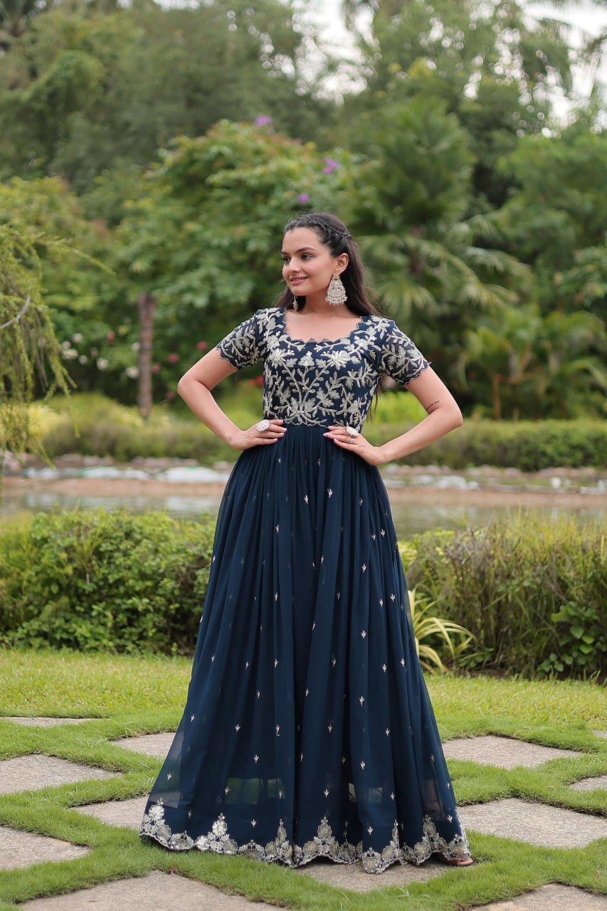 Breathtaking Rama Faux Georgette Cording Sequins Worked Gown - INDIAN ELEGANCE