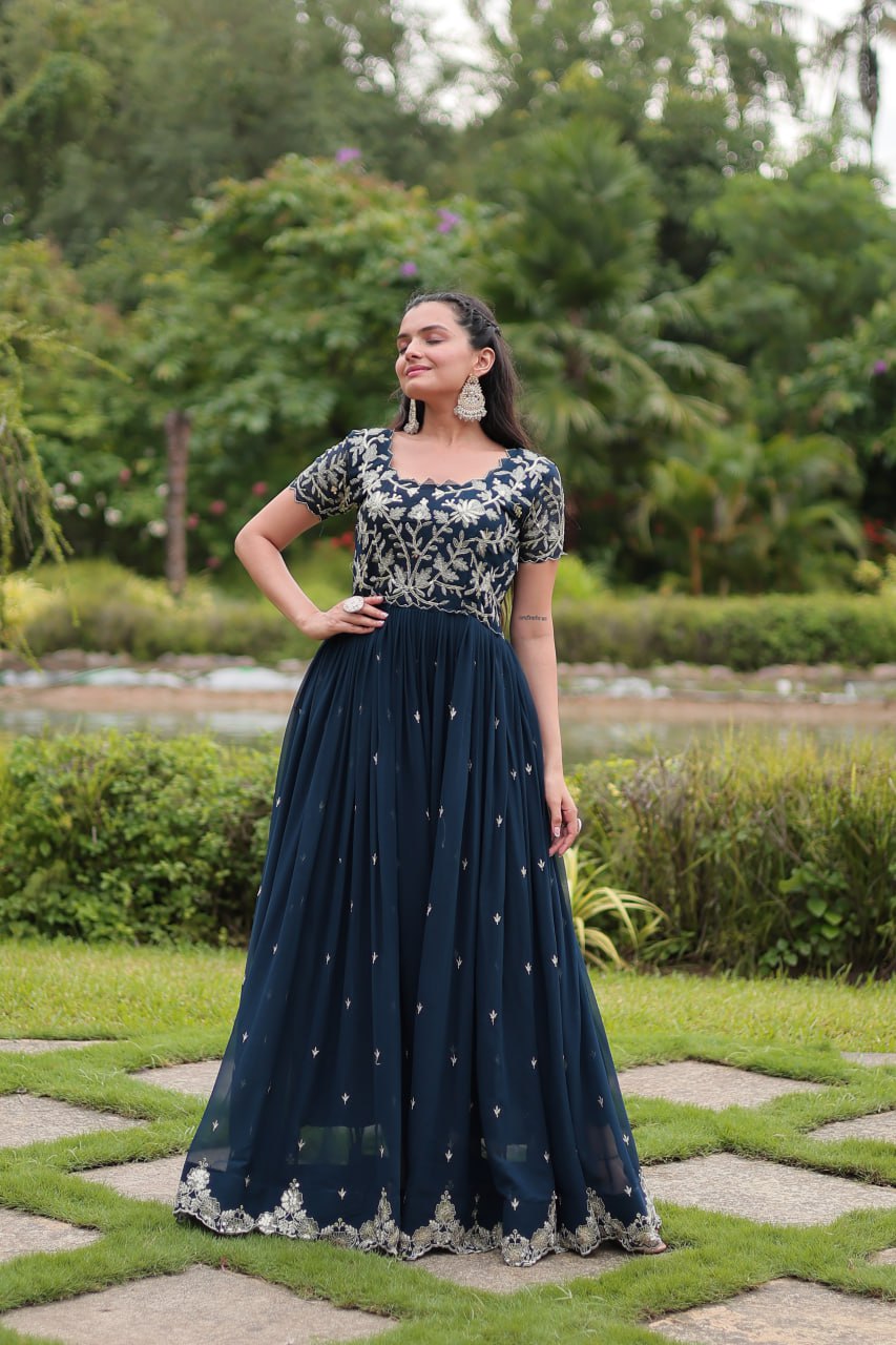 Breathtaking Rama Faux Georgette Cording Sequins Worked Gown - INDIAN ELEGANCE