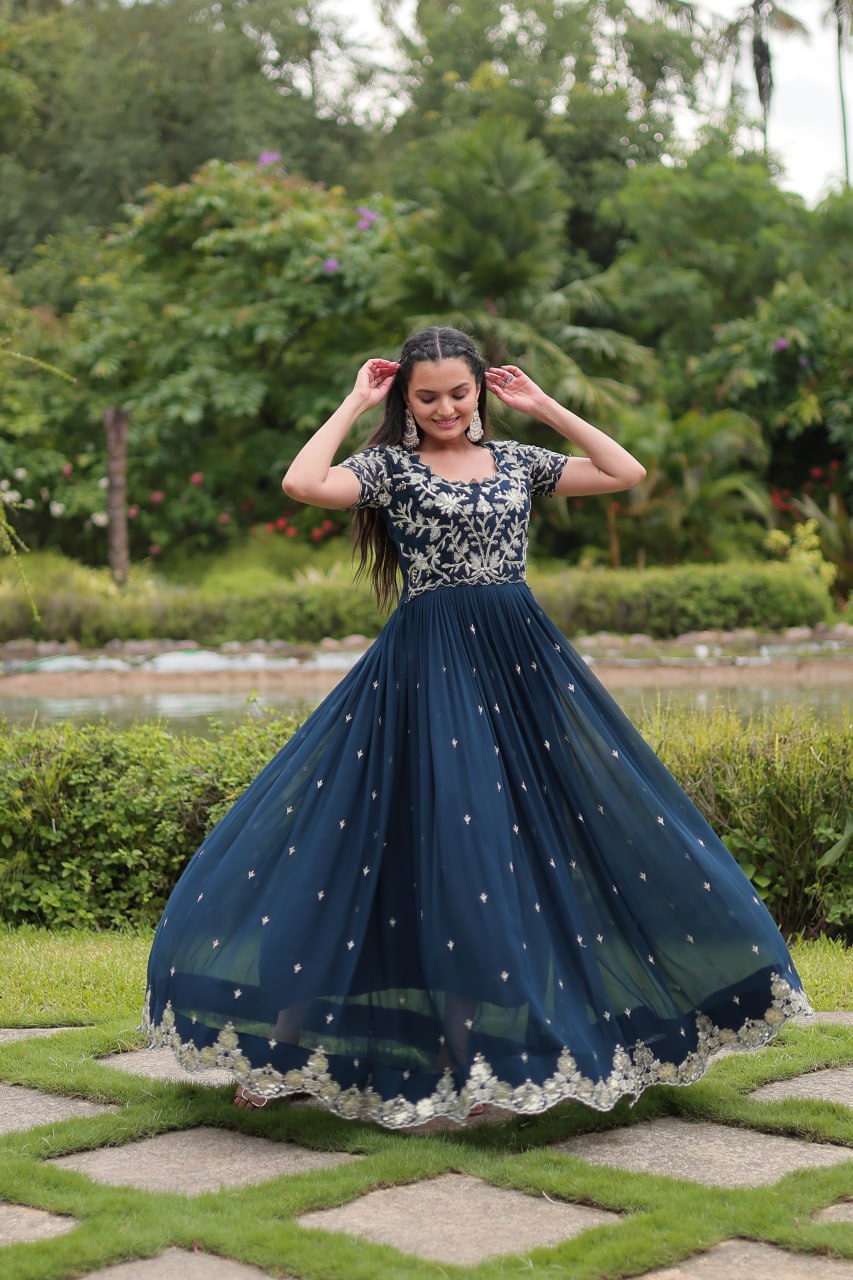 Breathtaking Rama Faux Georgette Cording Sequins Worked Gown - INDIAN ELEGANCE