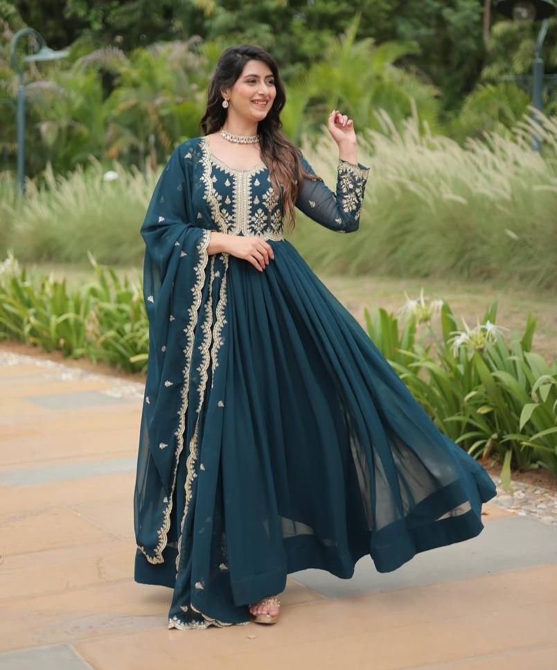 Breathtaking Rama Faux Georgette Fully Stitched Designer Gown - INDIAN ELEGANCE