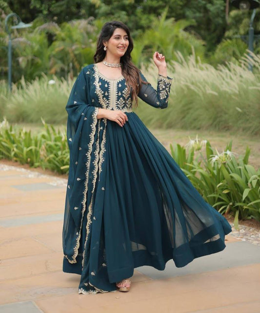 Breathtaking Rama Faux Georgette Fully Stitched Designer Gown - INDIAN ELEGANCE